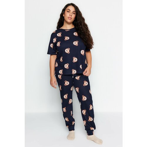 Trendyol Curve Navy Blue Teddy Bear Pattern Knitted Pajamas Set Slike