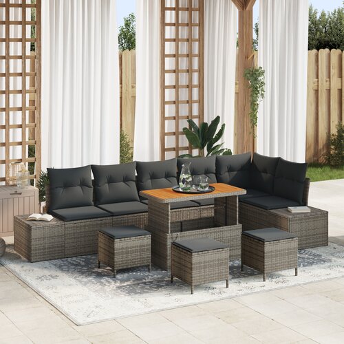 vidaXL Set od 10 komada vrtnih sofa s jastučićima Siva Poli Ratan Akacija, 2-sjedalna vrtna sofa s jastučićima Siva Poli Ratan, Set od 4 komada vrtnih stola s jastučićima Siva Poli Ratan Akacija Cene