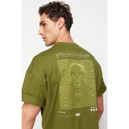 Trendyol Khaki Oversize Puffy Printed Short Sleeve T-Shirt