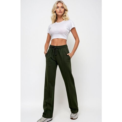 Trend Alaçatı Stili Women's Khaki High Waist Front Grass Wide Leg Double Pocket Tracksuit Bottoms Cene