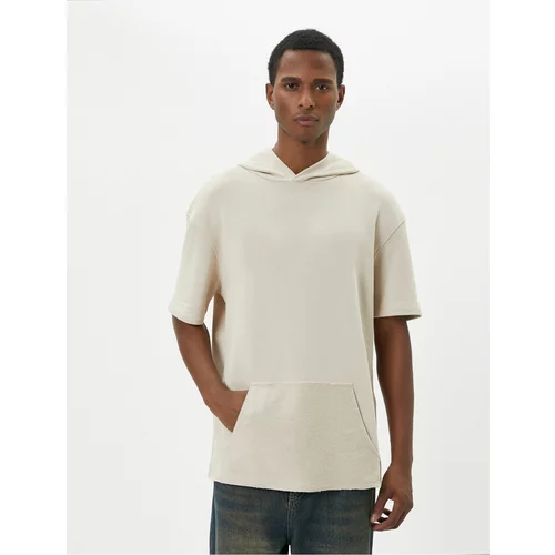 Koton Hooded T-Shirt Short Sleeve Kangaroo Pocket Detail Off Shoulders