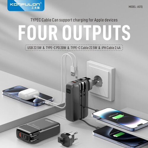  Kućni punjač KONFULON A57Q 20W sa Power Bank baterijom 20000mAh i 2u1 kablom crni Cene