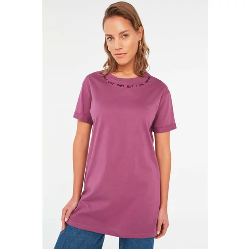 Trendyol Purple Embroidery Detailed 100% Cotton Crew Neck Knitted T-Shirt