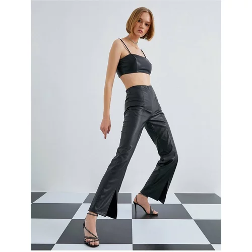 Koton Leather Look Wide Leg Trousers with Slits at the legs.