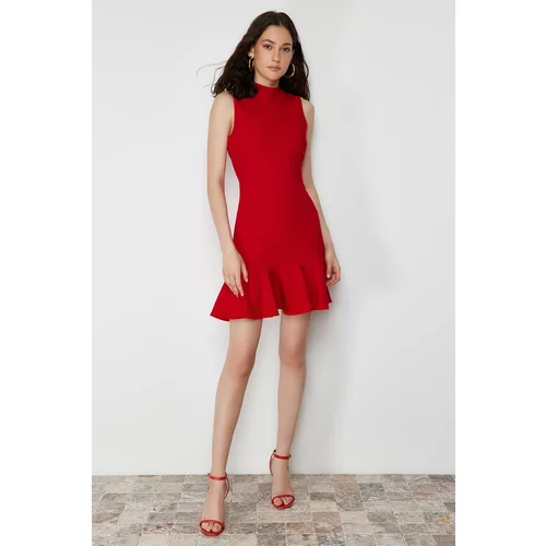 Trendyol Red Fitted Skirt Flounce Stand Collar Mini Sleeveless Woven Dress