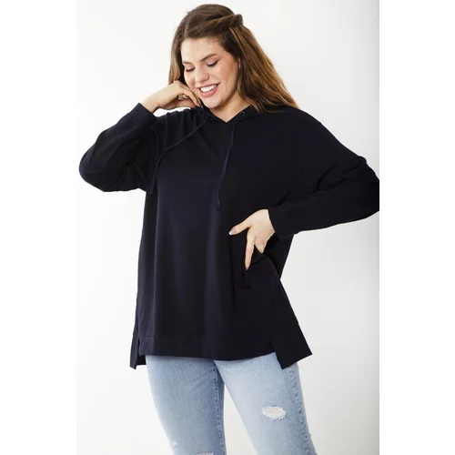 Şans Women's Plus Size Navy Blue Casual Fit Side Slit Hooded Sweratshirt