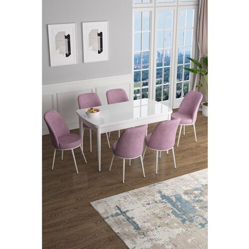 Hanah home Han - White, Pink WhitePink Extendable Dining Table & Chairs Set (7 Pieces) Cene