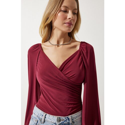 Women's Cherry Elastic Balloon Sleeve Sandy Knitted Blouse Slike