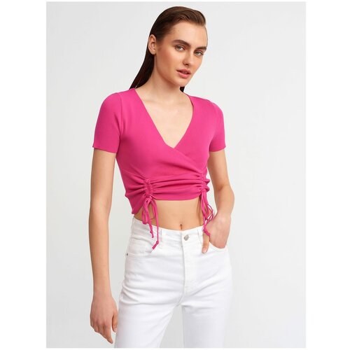 Dilvin 10194 Double Breasted Collar Front Pleated Knitwear Crop-fuchsia Slike