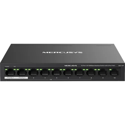 Mercusys 10-Port 10/100Mbps Desktop Switch with 8-Port PoE+PORT: 8× 10/100 Mbps PoE+ Ports, 2× 10/100 Mbps Non-PoE...