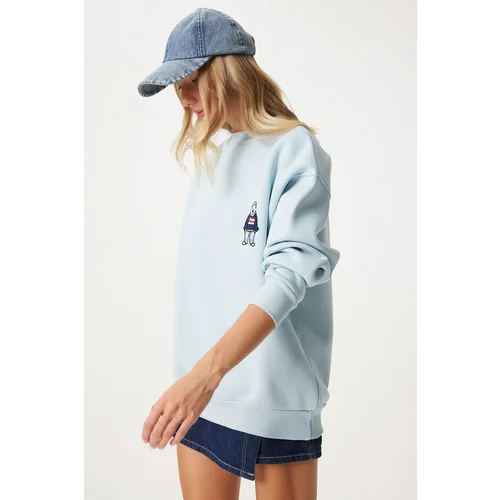 Happiness İstanbul Women's Sky Blue Embroidered Crest Raised Oversize Sweatshirt