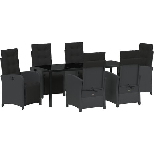 VidaXL 7-delna jedilna garnitura za vrt z blazinami črna poly rattan, vrtna miza črna 200x80x73 cm kaljeno steklo Slike
