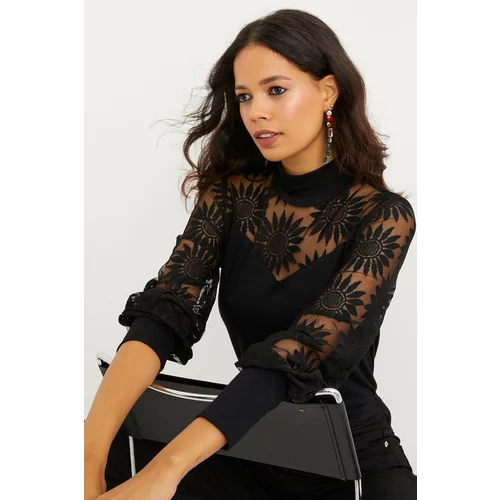 Cool & Sexy Women's Black Half Turtleneck Lace Blouse