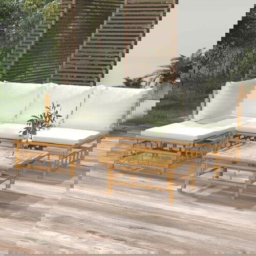 The Living Store Vrtna garnitura 5-delna s kremno belimi blazinami bambus - Vrtna Sedežna Garnitura, (21472214) Cene