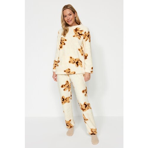 Trendyol Multicolored Ecru with Teddy bears Wellsoft Tshirt-Pants and Knitted Pajamas Set Cene