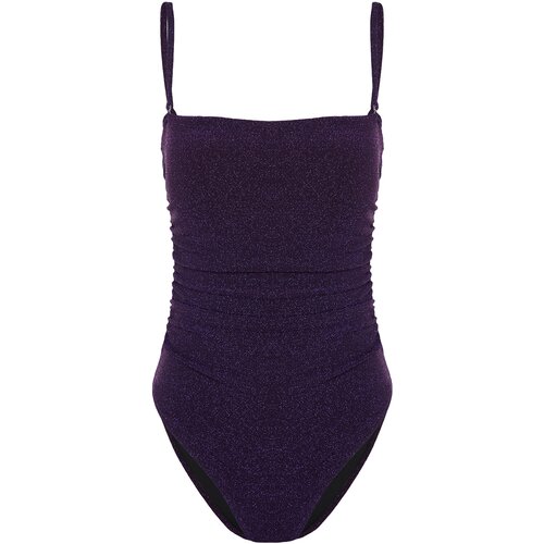 Trendyol purple strapless draped silvery high leg swimsuit Slike