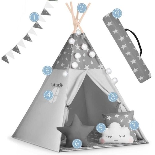  Teepee &amp;scaron;ator za djecu s girlandom i nukido svjetlima - sivi sa zvjezdicama Slike