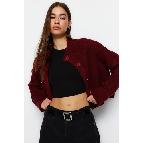 Trendyol Claret Red Crop Soft Textured Stand-Up Collar Knitwear Cardigan