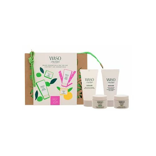 Shiseido Waso Essentials On The Go darilni set krema za obraz Waso Shikulime 15 ml + gel za čiščenje obraza Waso Shikulime 30 ml + nočna maska za obraz Waso Yuzu-C 15 ml + piling maska Waso Satocane 30 ml + kozmetična torbica za ženske