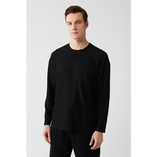 Avva men's black oversize no iron jacquard long sleeved pocket t-shirt Slike