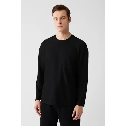 Avva Men's Black Oversize No Iron Jacquard Long Sleeved Pocket T-shirt