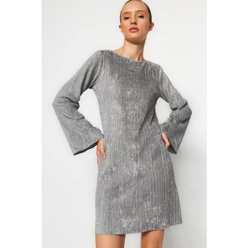 Trendyol Gray Pleated Velvet A-Line/A bell-shaped Formal Boat Neck Flare/Spanish Sleeve Mini Knit Dress