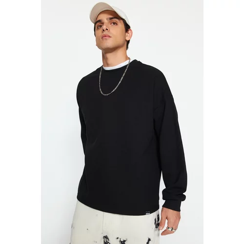 Trendyol Black Men's Oversized Label Detailed Long Sleeve Textured Cotton Sweatshirt.