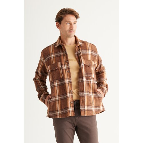 AC&Co / Altınyıldız Classics Men's Brown-mink Oversize Loose Cut Button Collar Checked Lumberjack Winter Shirt Jacket Slike