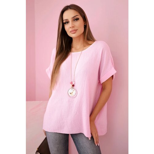 Kesi Włoski Muslin blouse with a necklace candy pink Slike