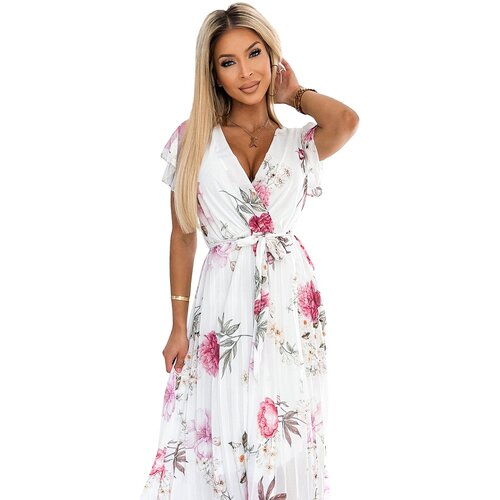 Numoco Pleated midi dress with neckline and ruffles Cene