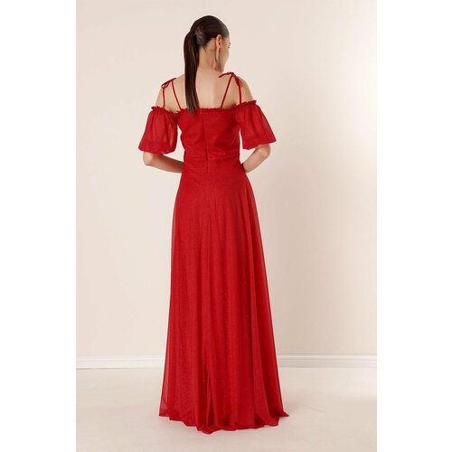 By Saygı Pleated Collar With Balloon Sleeves Lined Glittery Long Dress Red Slike
