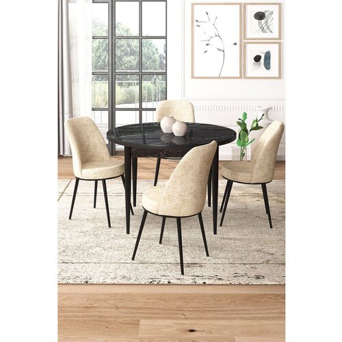 Hanah home Tor - Black Marble, Cream Black MarbleCream Dining Table & Chairs Set (5 Pieces) Cene