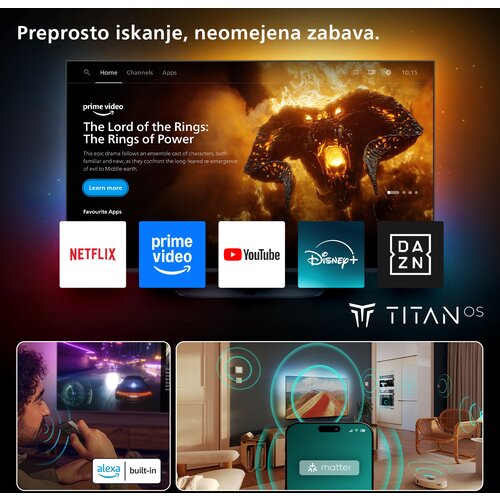 Philips TV LED 75PUS9010/12, The One, QLED AMBILIGHT 4K TV, 189 cm (75&amp;quot;), 144Hz, VRR, FreeSync Smart platform Titan OS, P5 Image processor, Dolby Vision and Atmos Slike