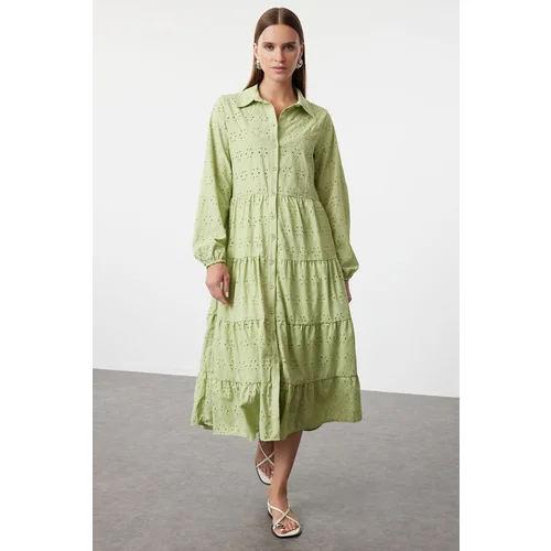 Trendyol Green Plain Embroidery Midi Shirt Woven Dress