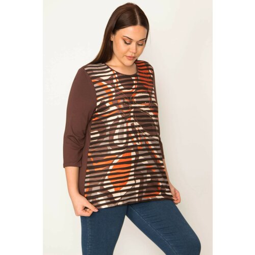 Şans women's plus size brown stone and print detailed capri sleeve blouse Slike