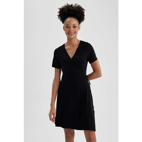 Defacto A-Line Wrap Collar Mini Short Sleeve Dress