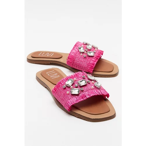 LuviShoes NORVE Women's Pink Straw Stone Slippers