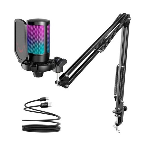 Fifine A6T usb gamong microphone with rgb and boom arm stand - black Cene