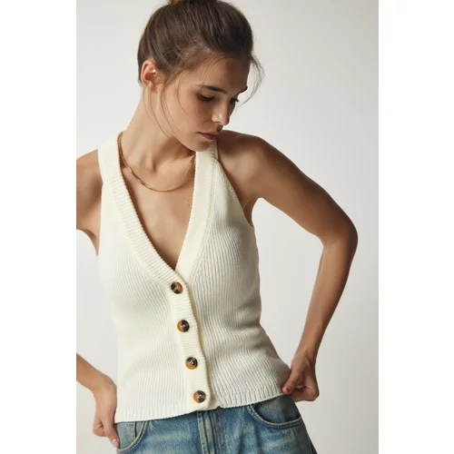 Happiness İstanbul Women's Ecru Halterneck Buttons Knitwear Vest
