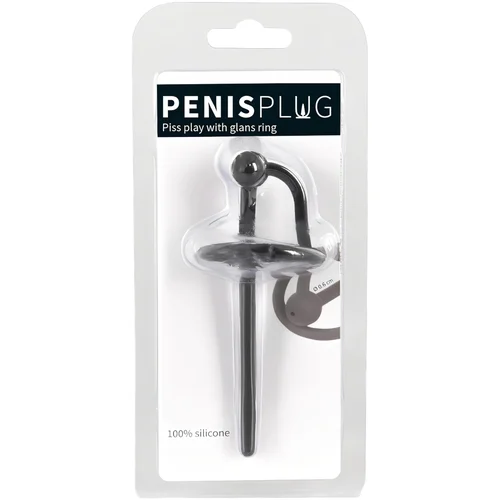 Penis Plug silikonski obroček z votlo uretralno palico (črn)