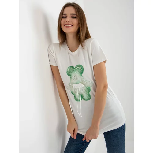 Fashion Hunters Ecru-green cotton women's T-shirt with 3D application