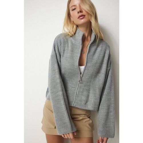  Women's Gray Zippered Knitwear Cardigan Cene