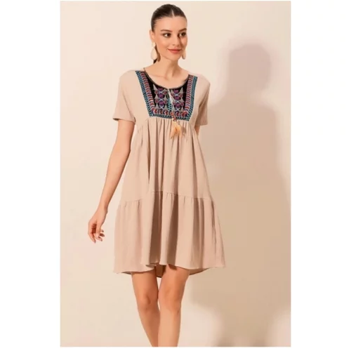 Bigdart 2429 Embroidered Knitted Dress - Beige