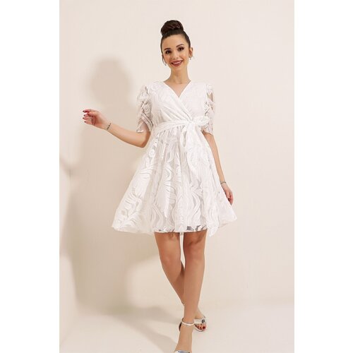 By Saygı Double Breasted Neck Waist Belted Lined Lace Dress Ecru Slike