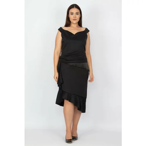 Şans Women's Plus Size Black Waist And Skirt Detailed Dress
