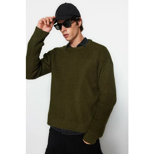 Trendyol Khaki Men's Oversize Fit Wide fit Crew neck Textured Basic Knitwear Sweater