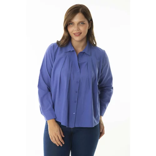 Şans Women's Plus Size Saks Chest Pleated Front Buttoned Long Sleeve Shirt