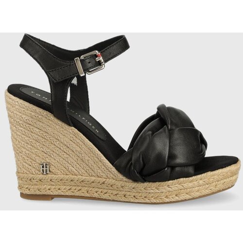 Tommy Hilfiger Usnjeni sandali Th Waves High Wedge ženski, črna barva Slike
