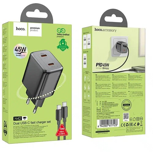 Hoco. stenski polnilec 2 x Type-C + kabel Type-C v Type-C PD QC 45W GaN N42 črn Slike
