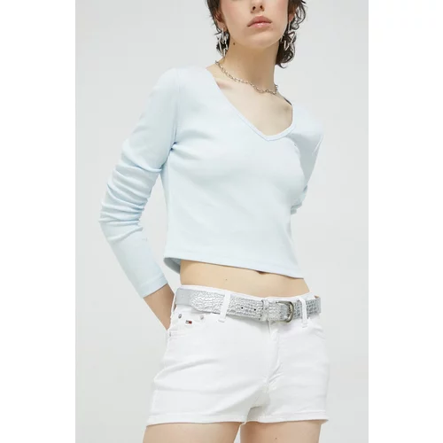 Tommy Jeans Traper kratke hlače za žene, boja: bijela, glatki materijal, srednje visoki struk